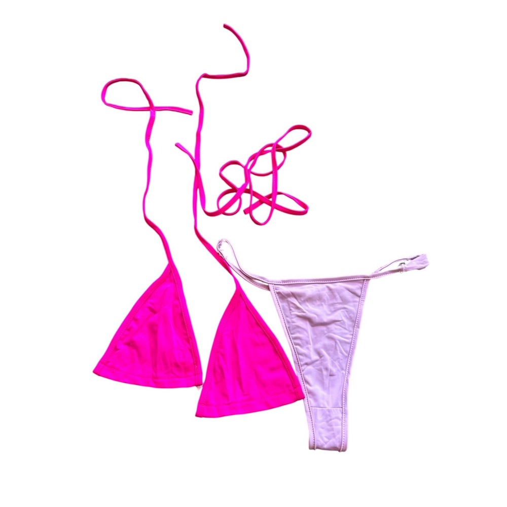 Daisy Bikini Set Hot Pink Triangle Top Lilac Purple Thong Bottoms ‎ Medium